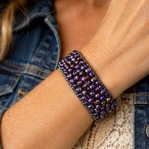 Purple 7" Beaded Leather Bracelet/Cuff